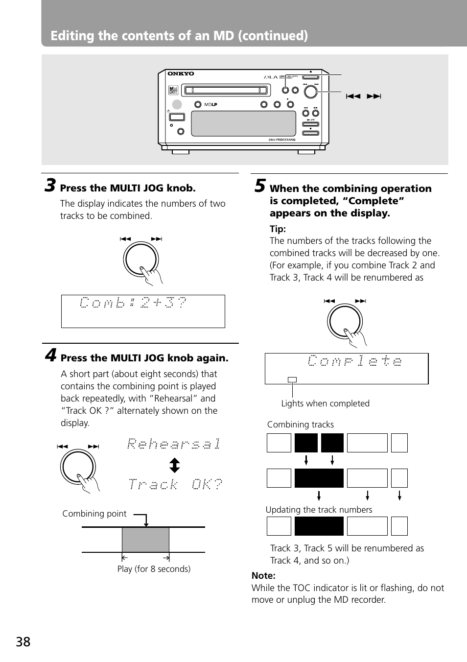 38 editing the contents of an md (continued) | Onkyo MD-101A User Manual | Page 38 / 52