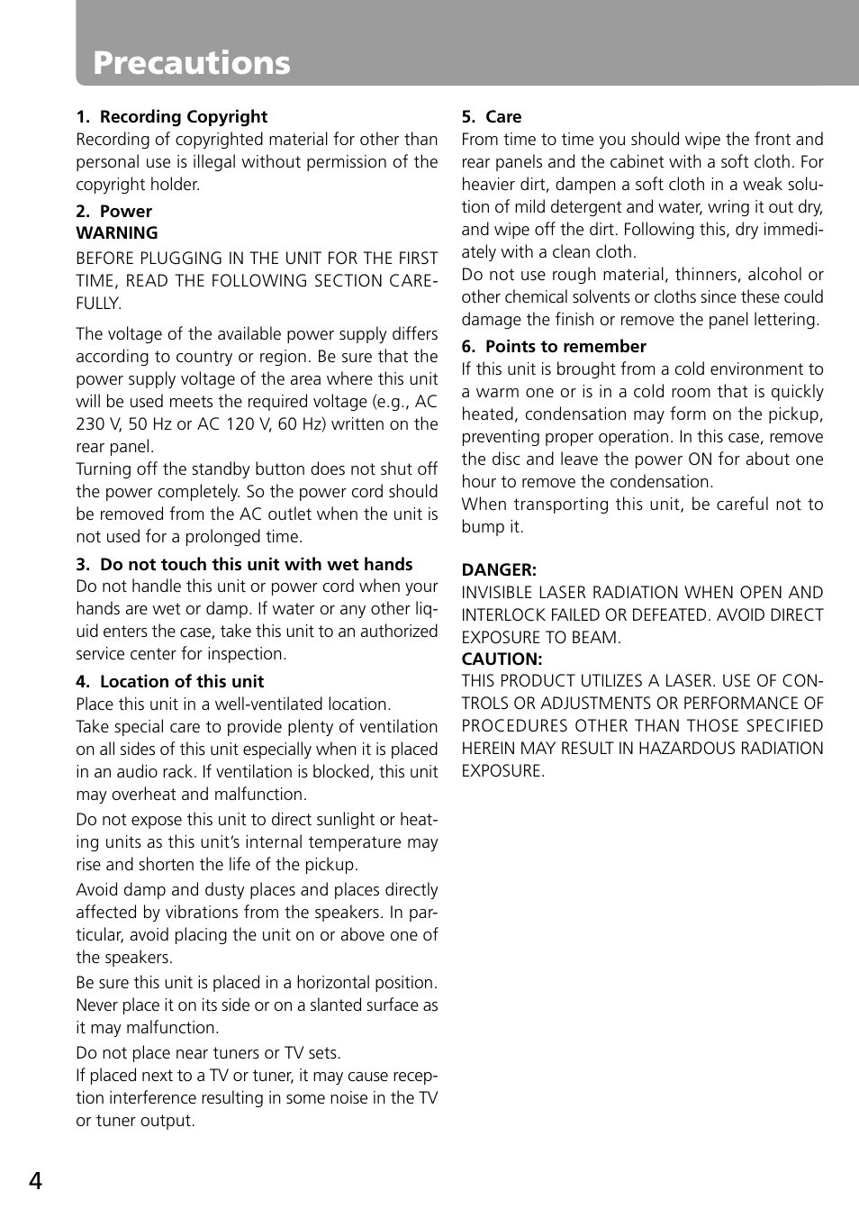 Precautions | Onkyo MD-101A User Manual | Page 4 / 52