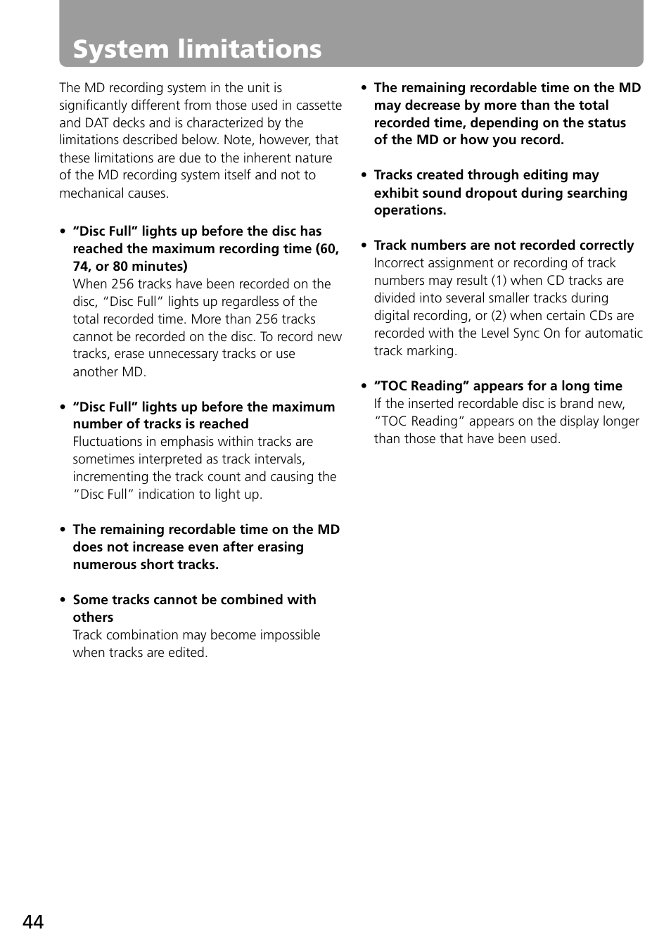 System limitations | Onkyo MD-101A User Manual | Page 44 / 52