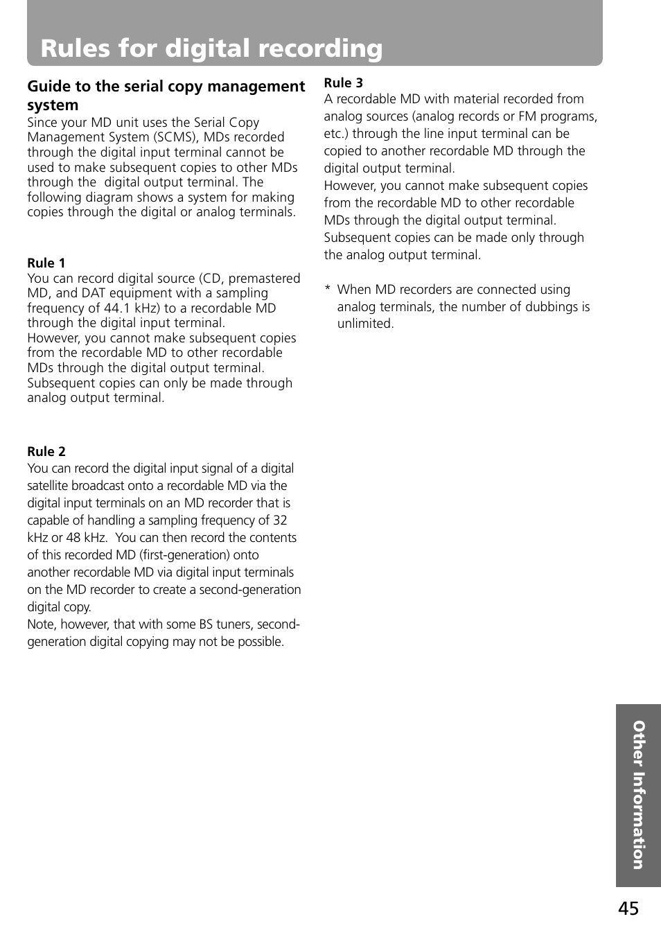 Rules for digital recording | Onkyo MD-101A User Manual | Page 45 / 52