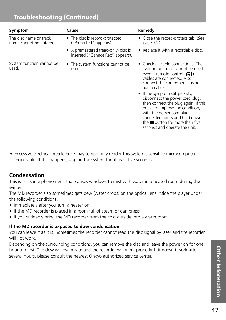 Troubleshooting (continued) | Onkyo MD-101A User Manual | Page 47 / 52