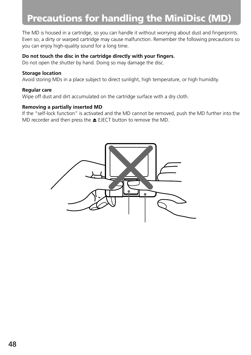 Precautions for handling the minidisc (md) | Onkyo MD-101A User Manual | Page 48 / 52