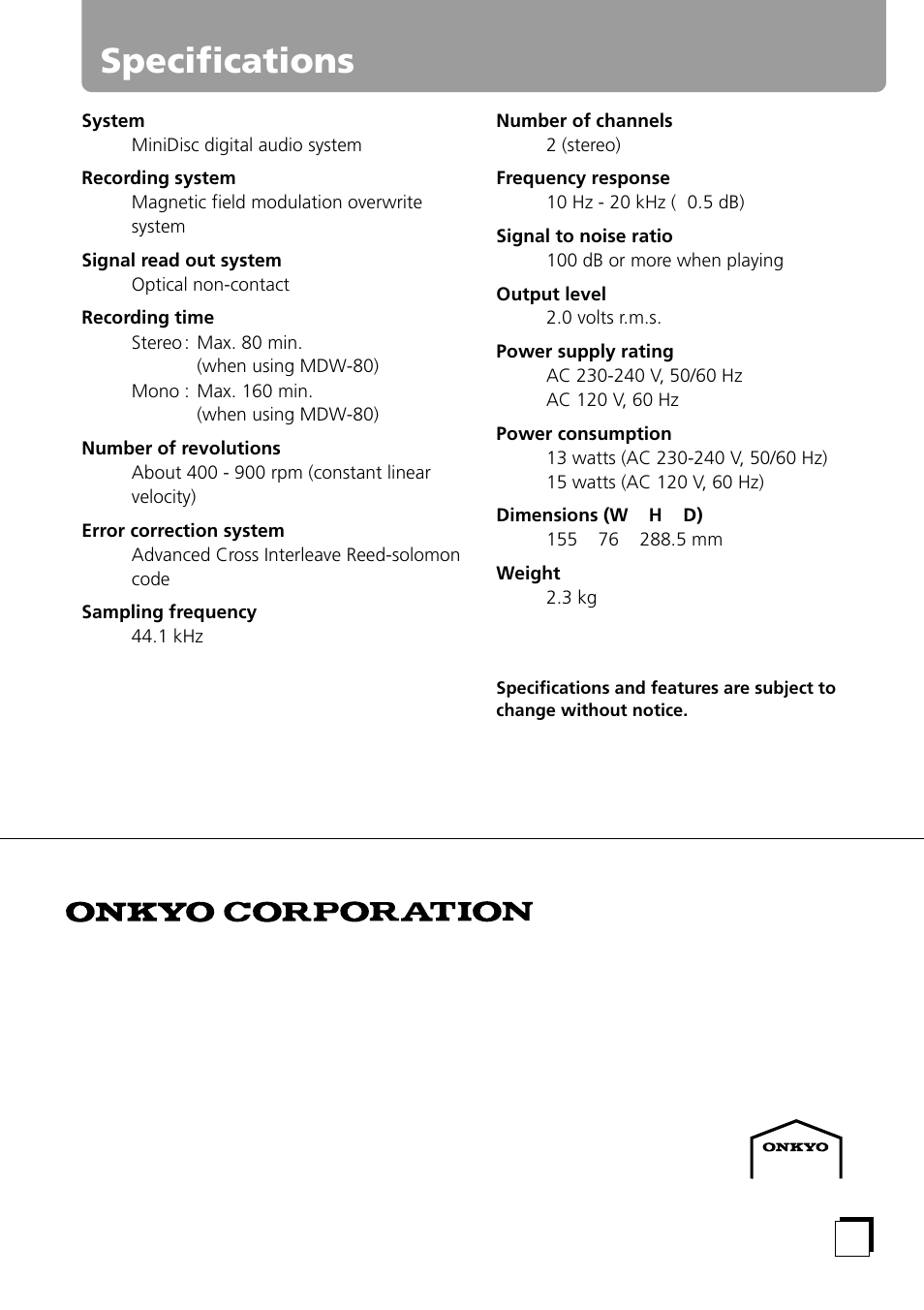 Specifications | Onkyo MD-101A User Manual | Page 52 / 52