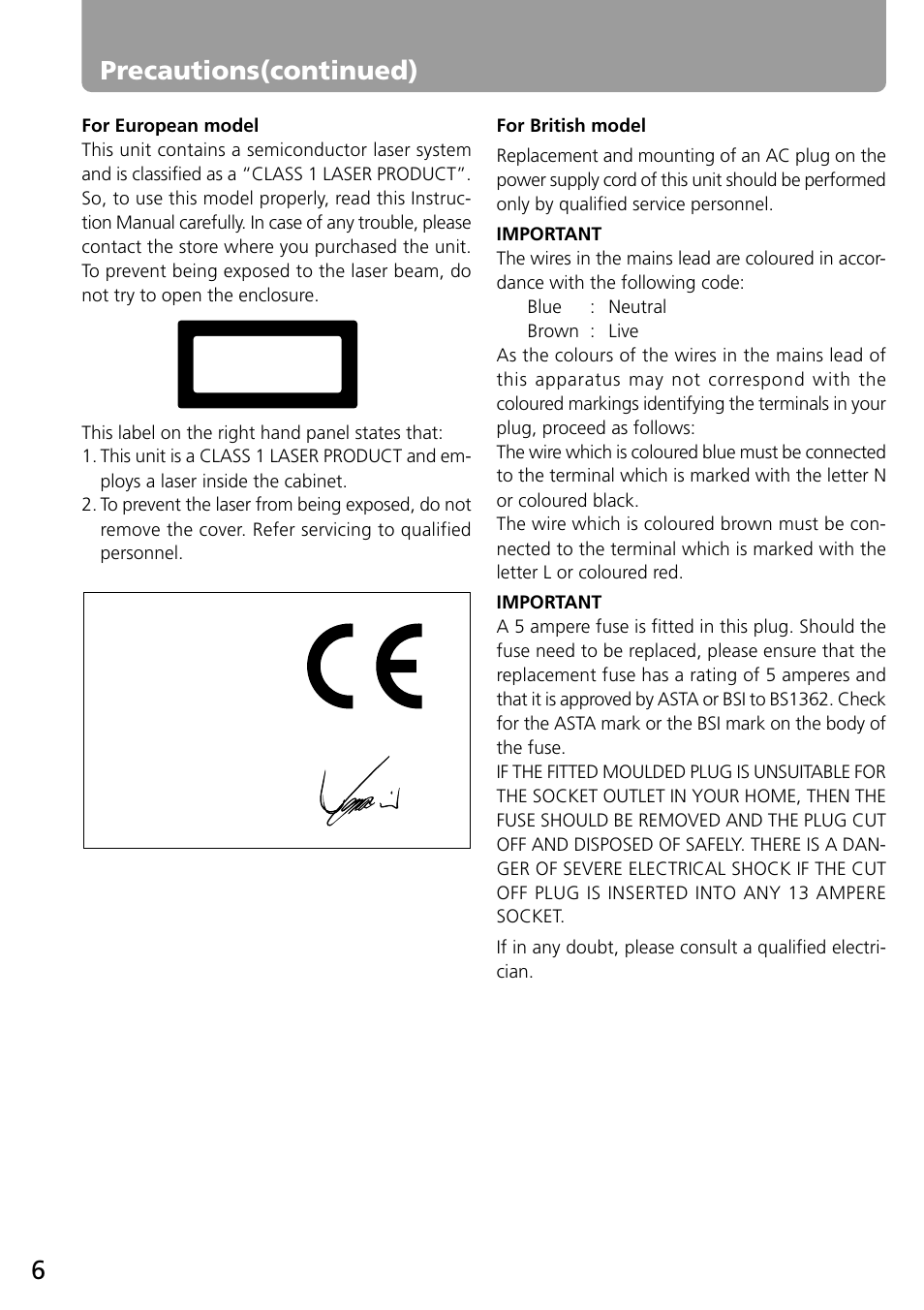 6precautions(continued) | Onkyo MD-101A User Manual | Page 6 / 52