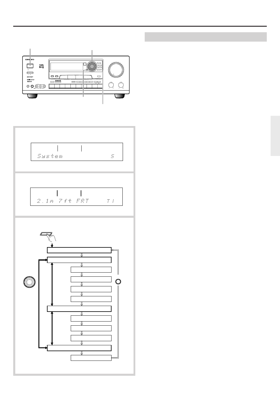 Speaker system setup, Speaker system setup using the front panel, Sp. setup | Preset tuning surround parameter | Onkyo TX-DS656 User Manual | Page 23 / 56