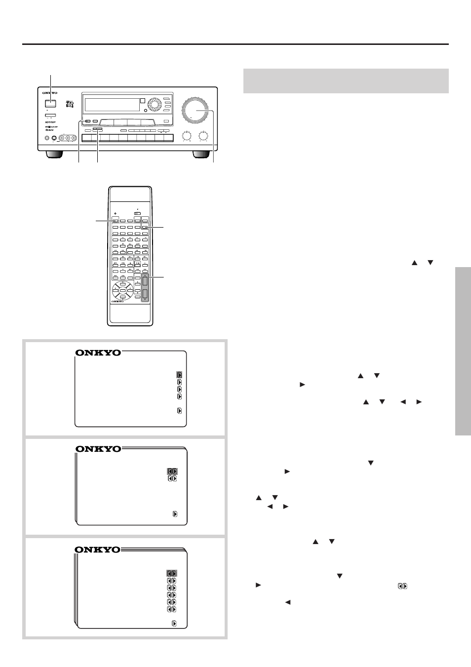 Ab c, Input source selection and surround setup, Using the on-screen menu | Preset tuning surround parameter, Speakers main | Onkyo TX-DS656 User Manual | Page 29 / 56