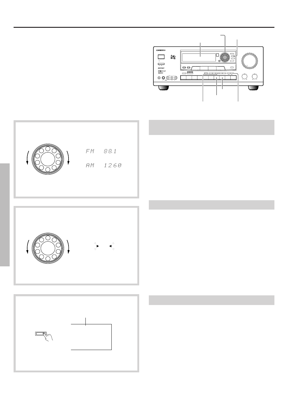 Listening to fm/am broadcasts, If auto tuning of an fm station is not possible, Tuning in a broadcasting station | Preset tuning surround parameter, Turn off this indicator, Tuned | Onkyo TX-DS656 User Manual | Page 32 / 56