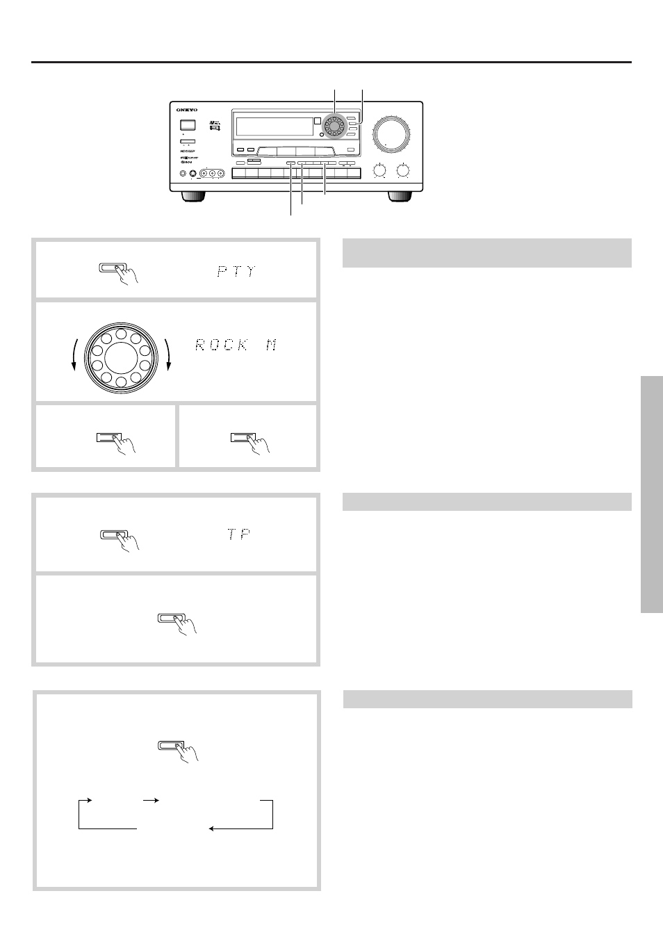 Receiving rds broadcasts (european models only), Displaying radio text (rt), Searching for traffic information (tp scan) | Preset tuning surround parameter | Onkyo TX-DS656 User Manual | Page 37 / 56
