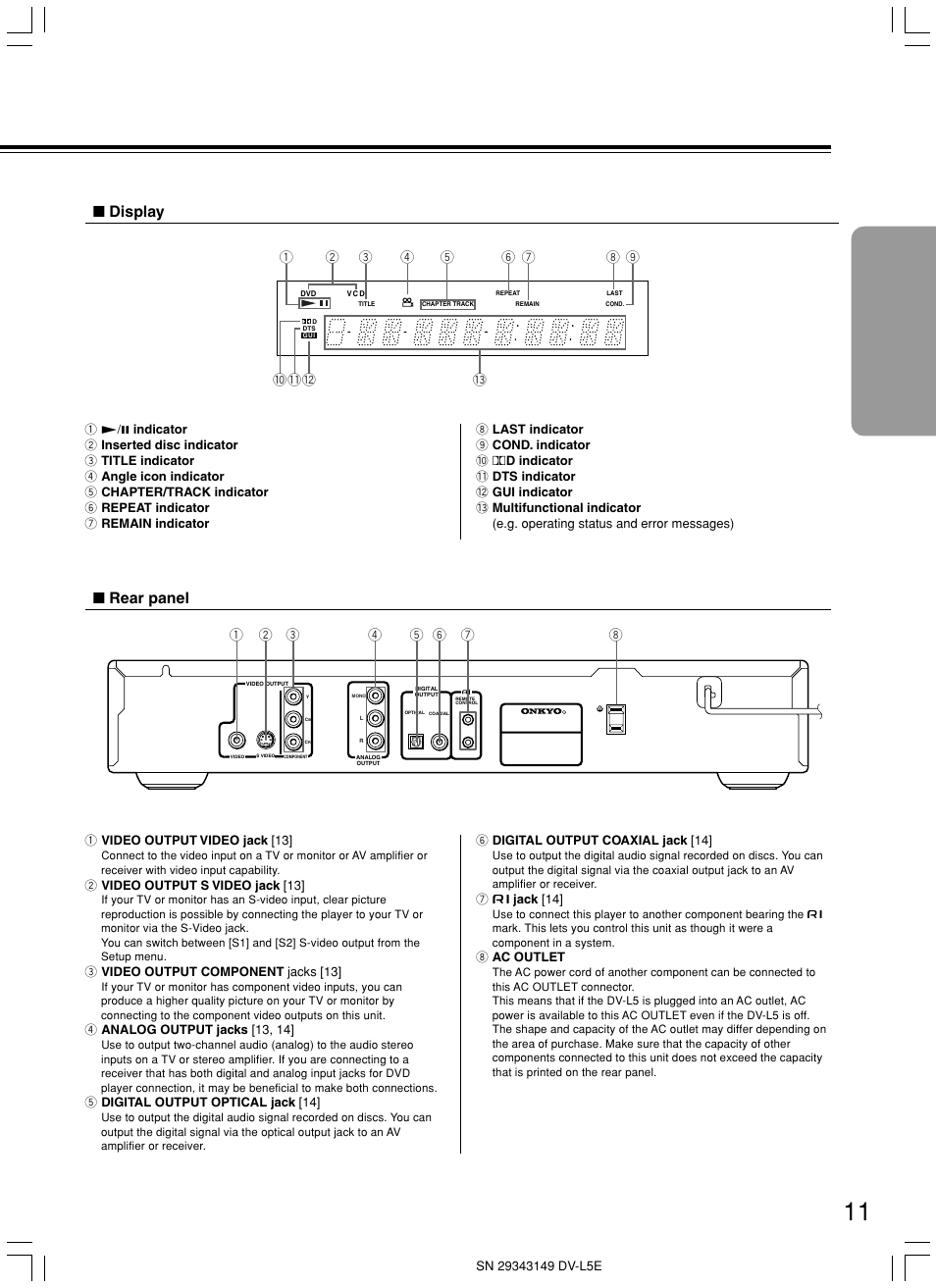 Rear panel ■ display | Onkyo DV-L5 User Manual | Page 11 / 60