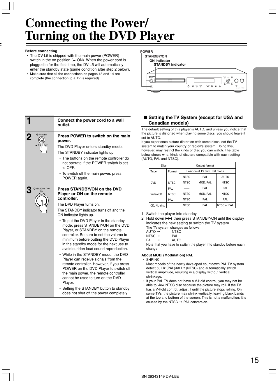 Connecting the power/ turning on the dvd player | Onkyo DV-L5 User Manual | Page 15 / 60