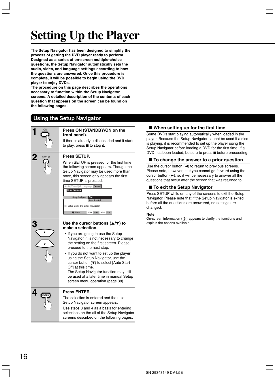 Setting up the player, Using the setup navigator | Onkyo DV-L5 User Manual | Page 16 / 60