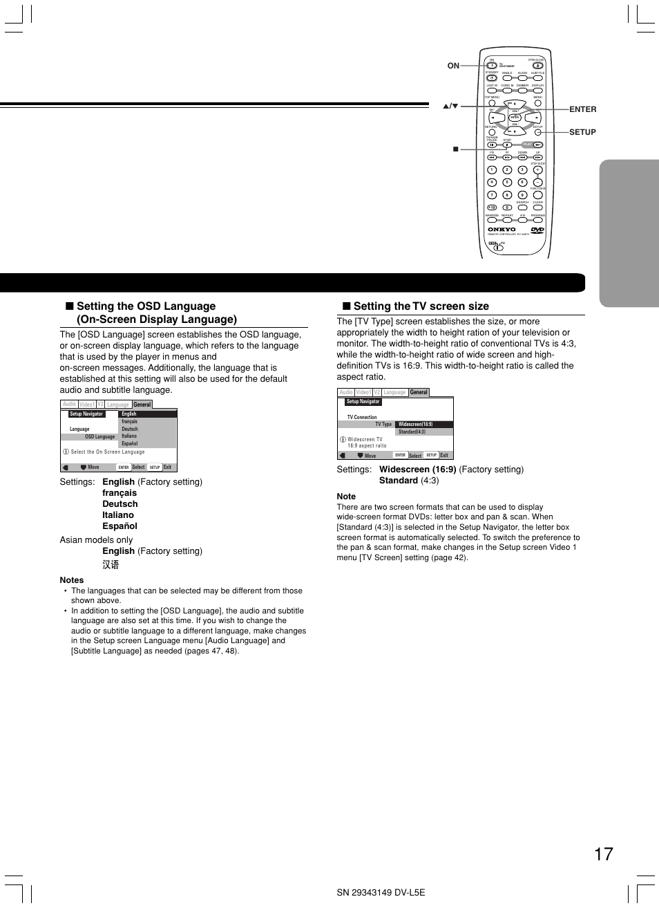 Setting the tv screen size, On setup enter 7 5 | Onkyo DV-L5 User Manual | Page 17 / 60