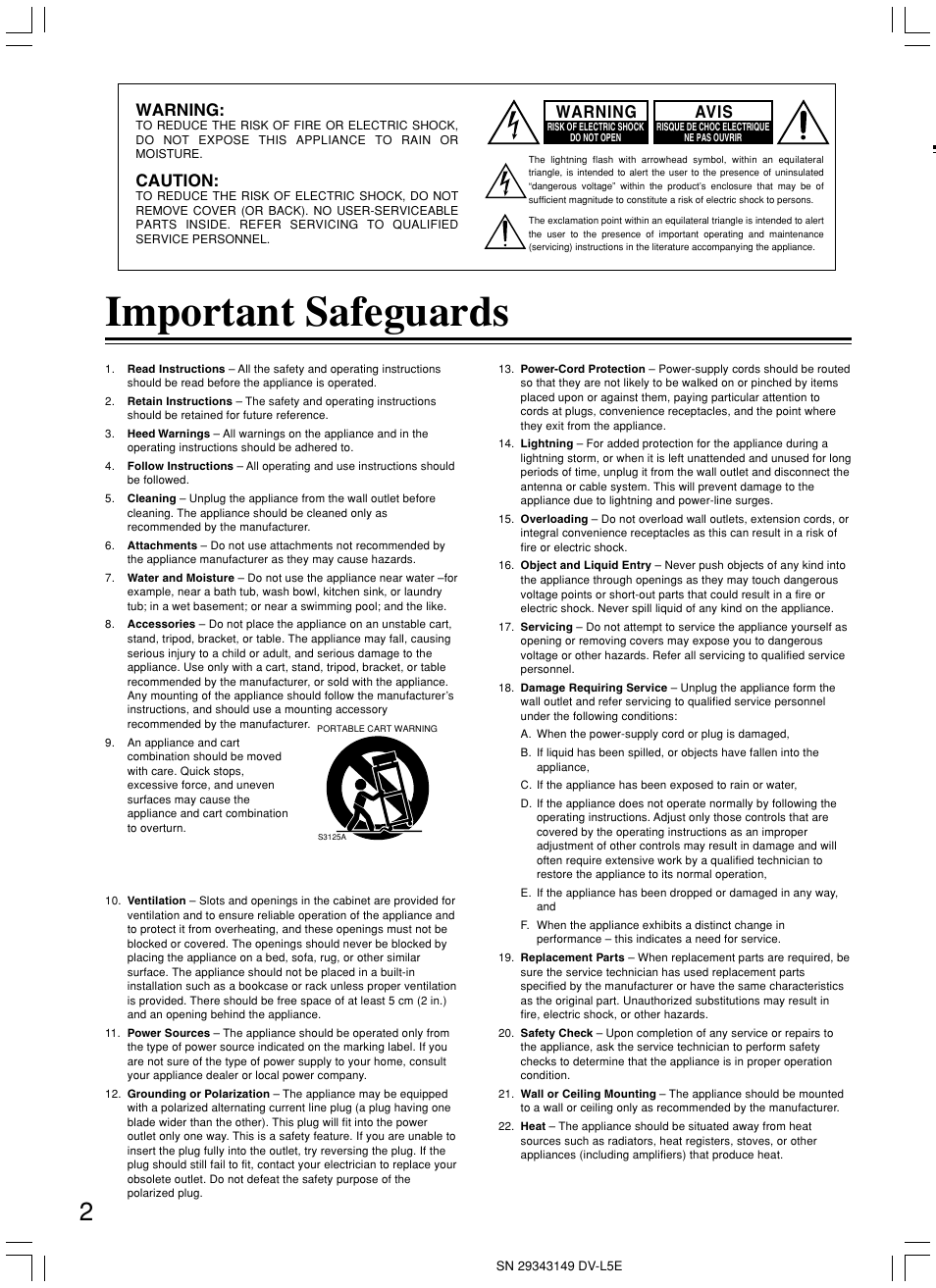 Important safeguards, Warning, Caution | Avis | Onkyo DV-L5 User Manual | Page 2 / 60