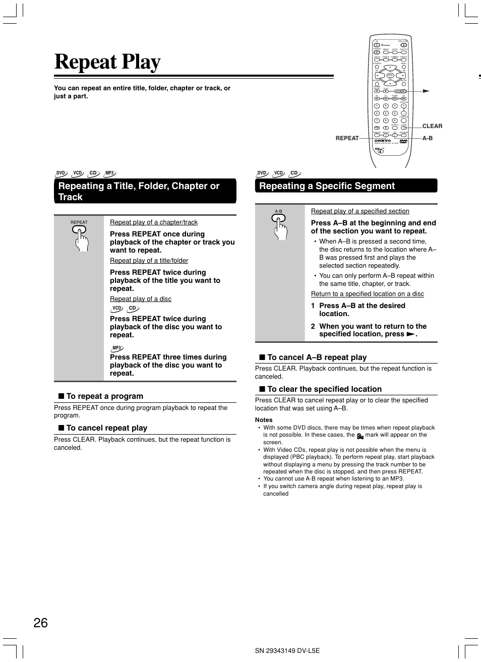 Repeat play, Repeating a title, folder, chapter or track, Repeating a specific segment | Repeat play of a chapter/track, Repeat play of a title/folder, Repeat play of a disc | Onkyo DV-L5 User Manual | Page 26 / 60