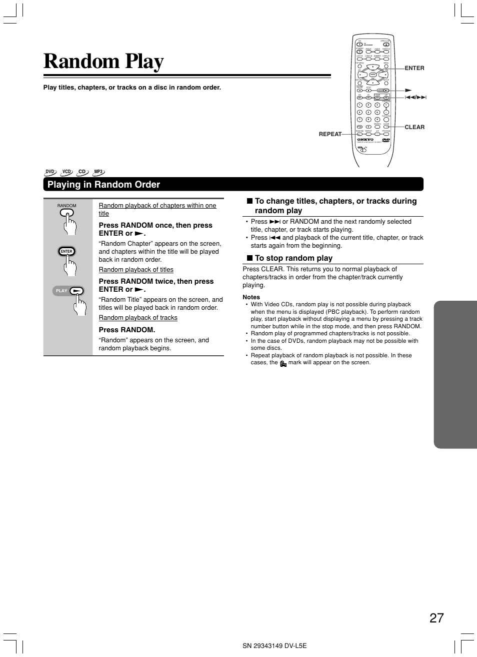 Random play, Playing in random order, Press random once, then press enter or | Press random twice, then press enter or, Press random | Onkyo DV-L5 User Manual | Page 27 / 60