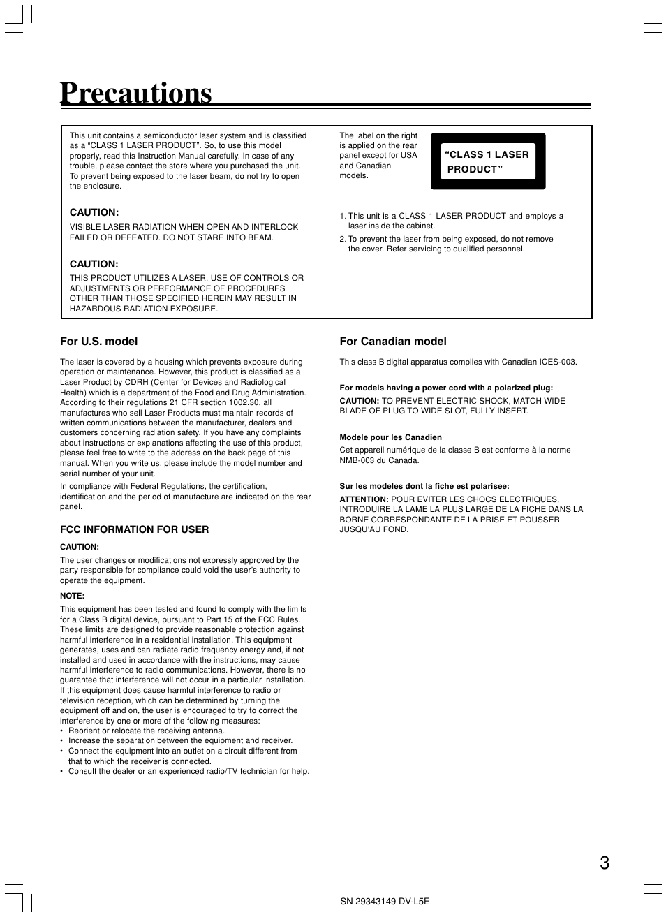 Precautions | Onkyo DV-L5 User Manual | Page 3 / 60