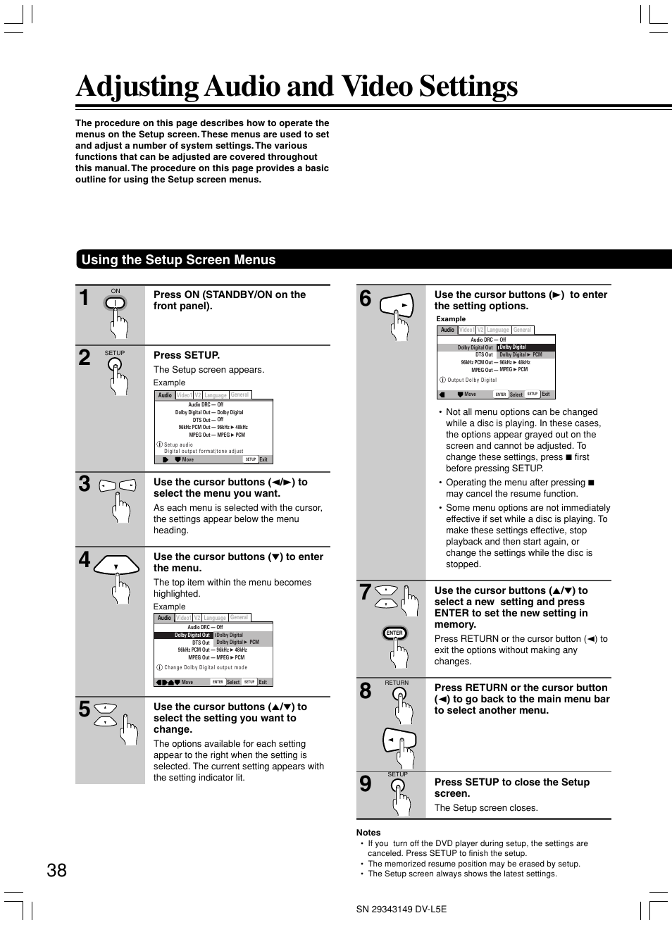 Adjusting audio and video settings, Using the setup screen menus | Onkyo DV-L5 User Manual | Page 38 / 60