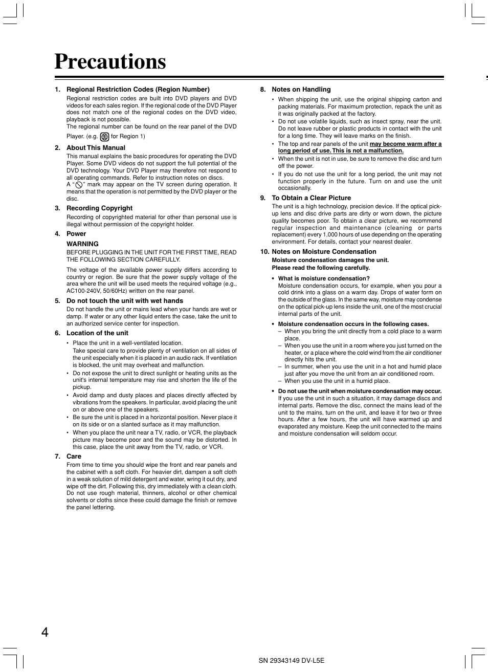 Precautions | Onkyo DV-L5 User Manual | Page 4 / 60