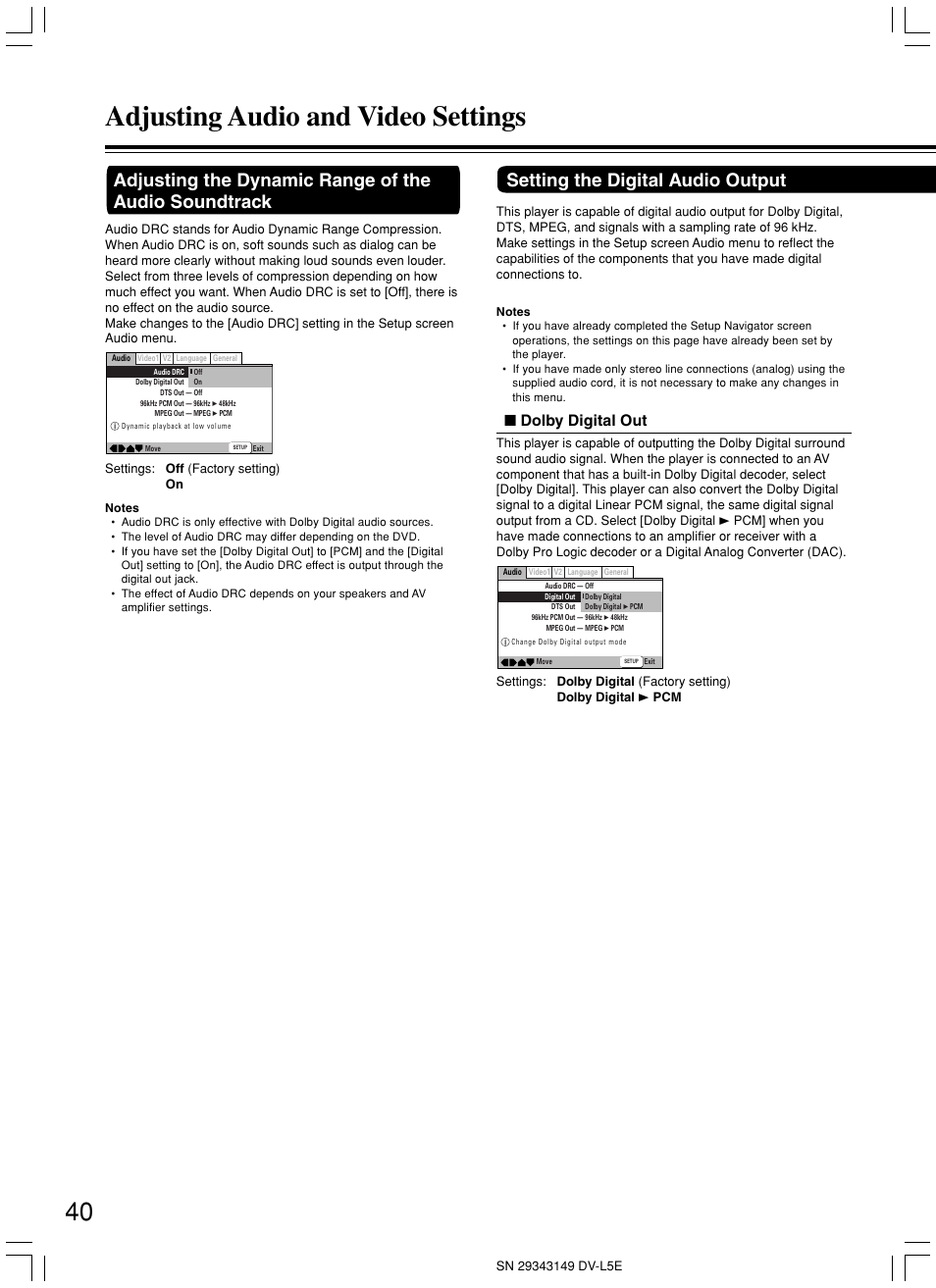 Adjusting audio and video settings, Setting the digital audio output, Dolby digital out | Onkyo DV-L5 User Manual | Page 40 / 60