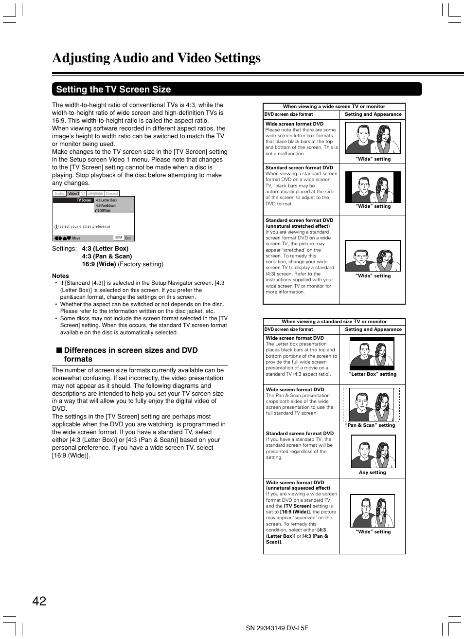 Adjusting audio and video settings, Setting the tv screen size, Differences in screen sizes and dvd formats | Onkyo DV-L5 User Manual | Page 42 / 60