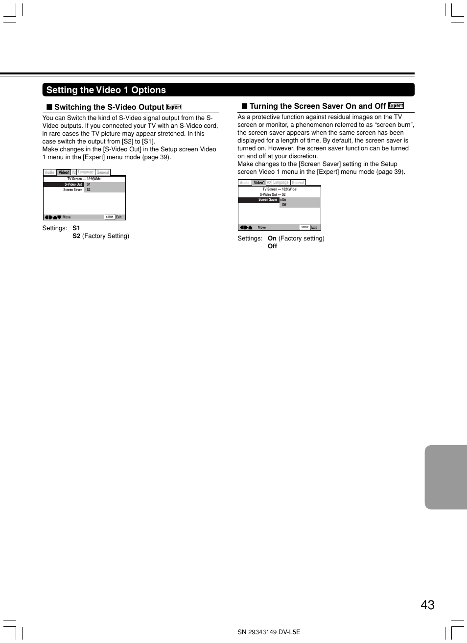 Setting the video 1 options, Turning the screen saver on and off, Switching the s-video output | Onkyo DV-L5 User Manual | Page 43 / 60