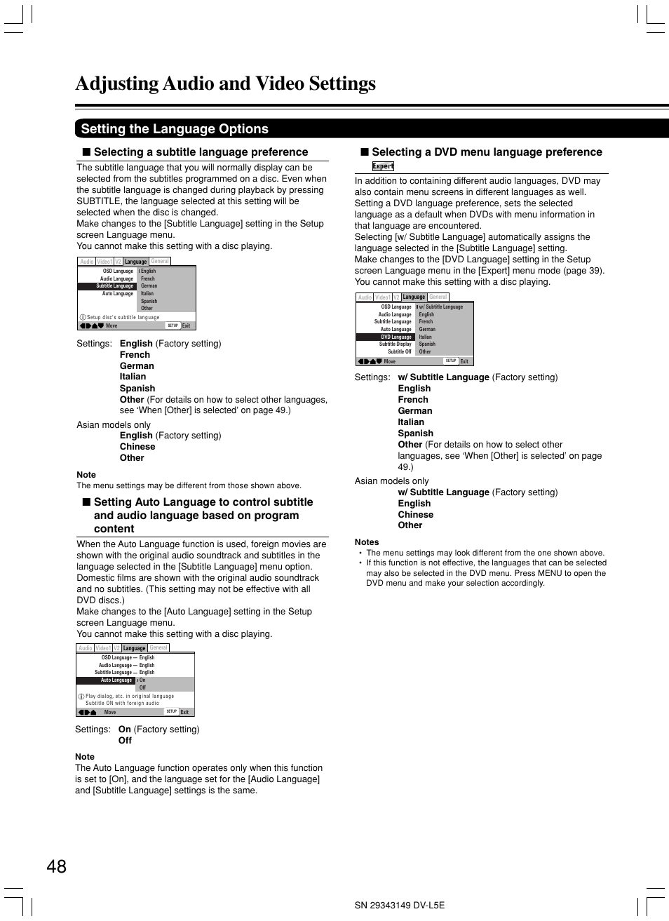 Adjusting audio and video settings, Setting the language options, Selecting a subtitle language preference | Selecting a dvd menu language preference | Onkyo DV-L5 User Manual | Page 48 / 60