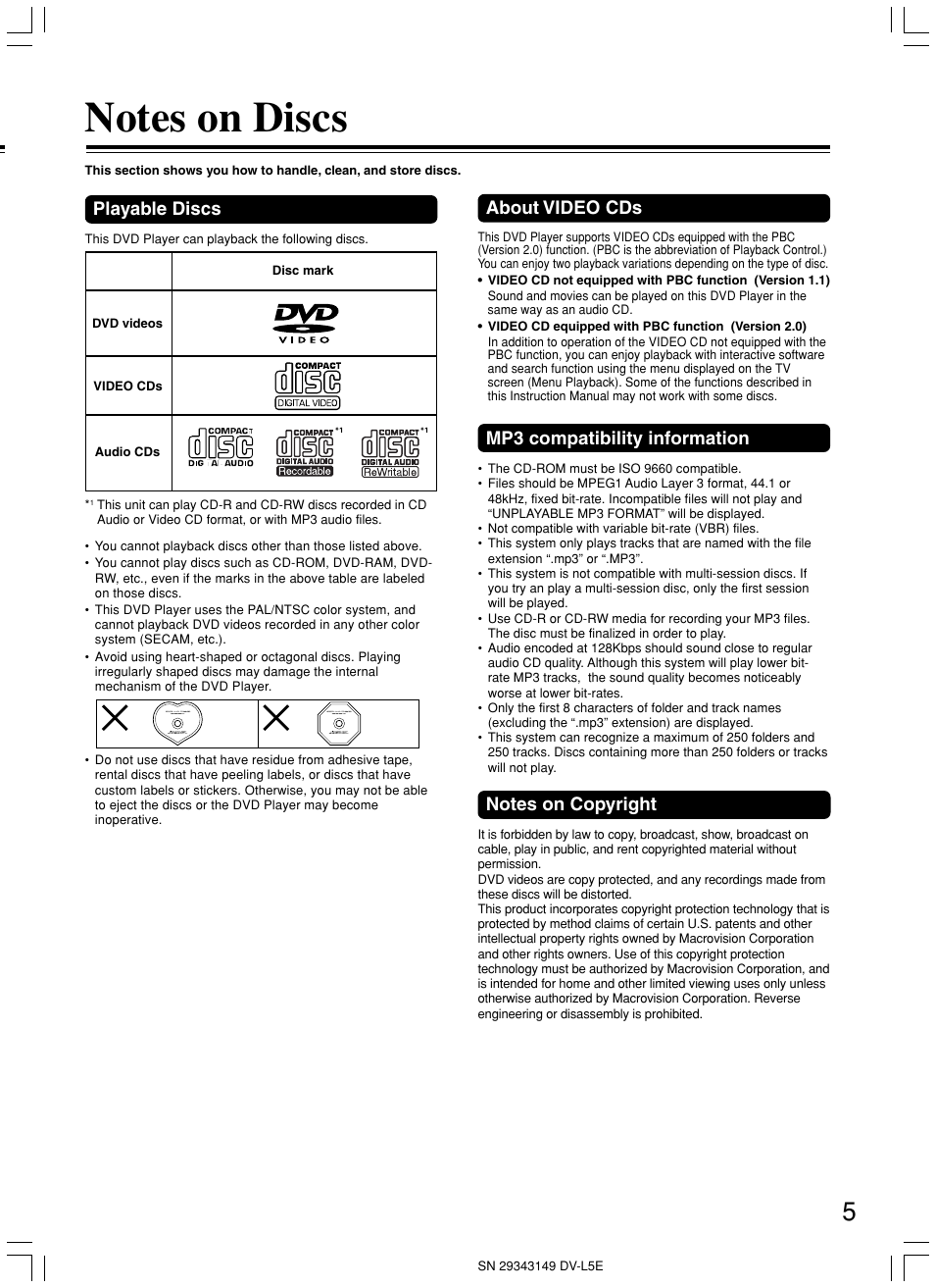 Playable discs, About video cds, Mp3 compatibility information | Onkyo DV-L5 User Manual | Page 5 / 60