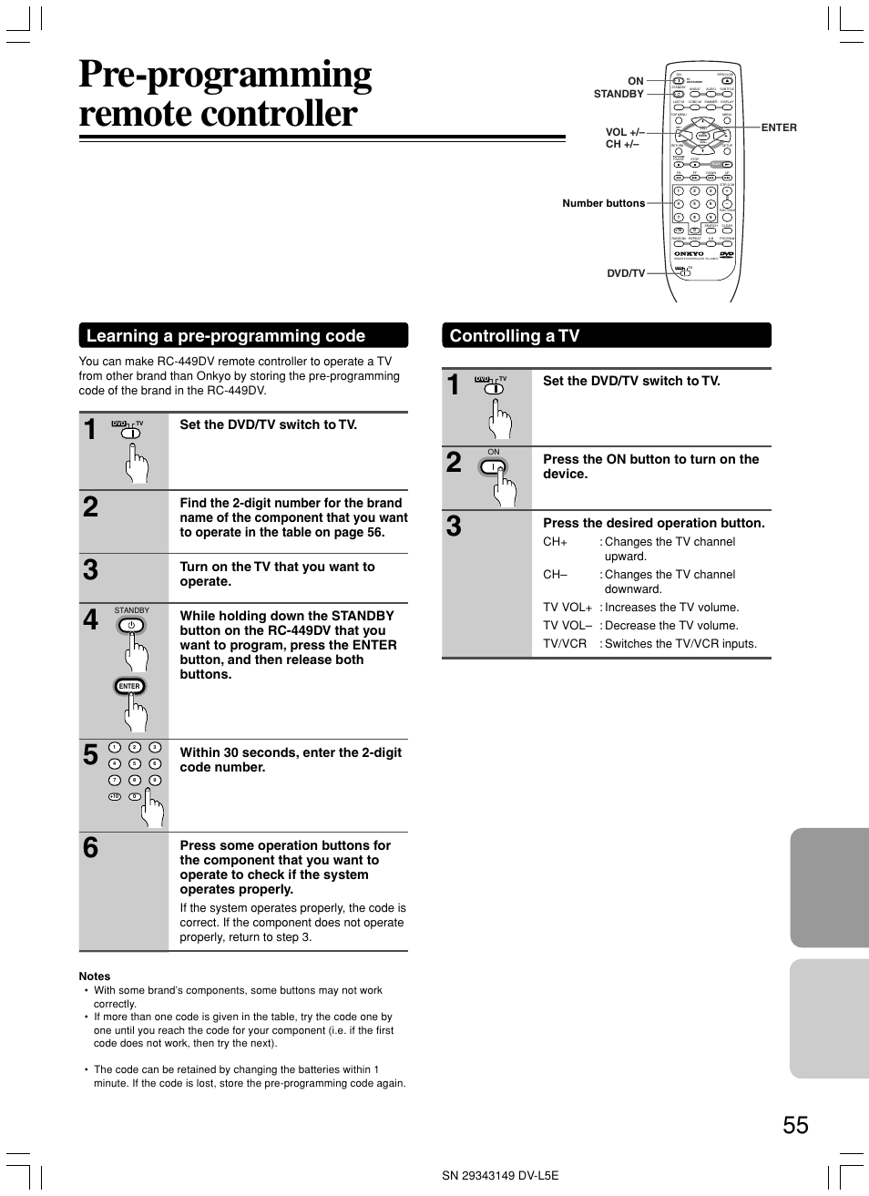 Pre-programming remote controller, Learning a pre-programming code, Controlling a tv | Onkyo DV-L5 User Manual | Page 55 / 60