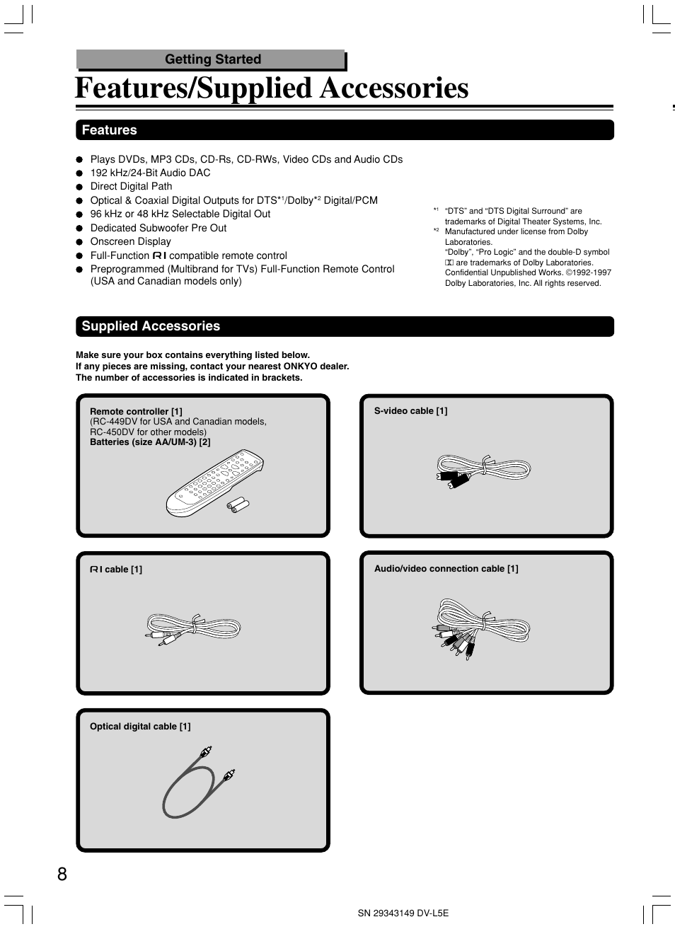 Features/supplied accessories, Getting started, Supplied accessories | Features | Onkyo DV-L5 User Manual | Page 8 / 60