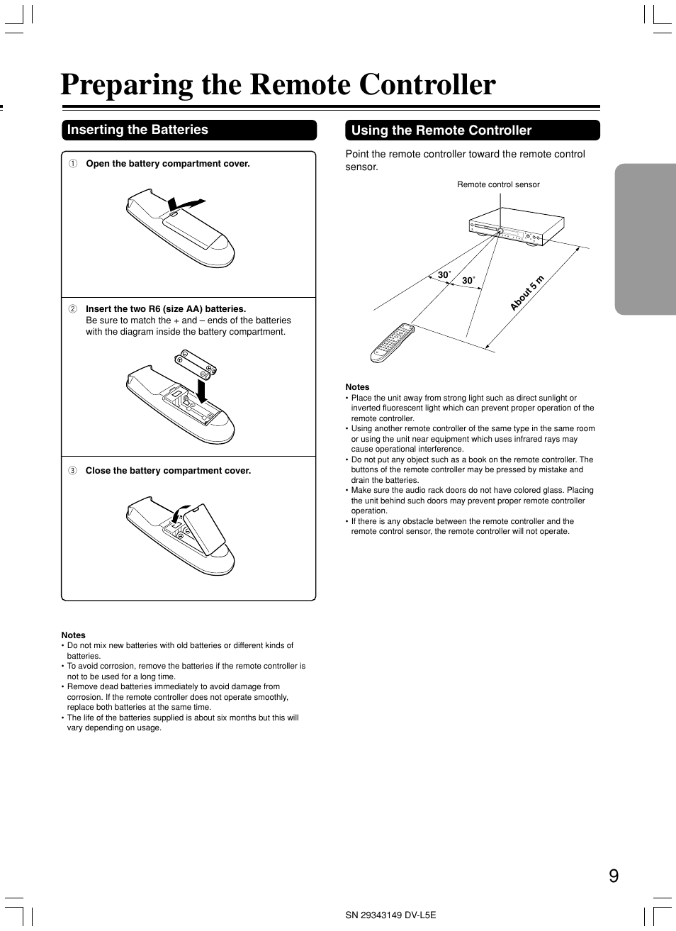 Preparing the remote controller | Onkyo DV-L5 User Manual | Page 9 / 60