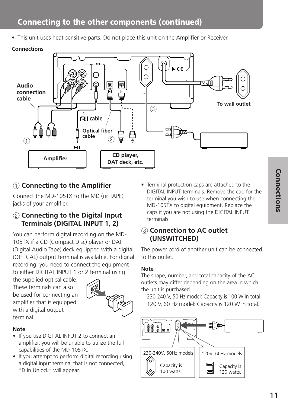 Connecting to the other components (continued), 1 connecting to the amplifier, 3 connection to ac outlet (unswitched) | Connections amplifier cd player, dat deck, etc | Onkyo MD-105TX User Manual | Page 11 / 52