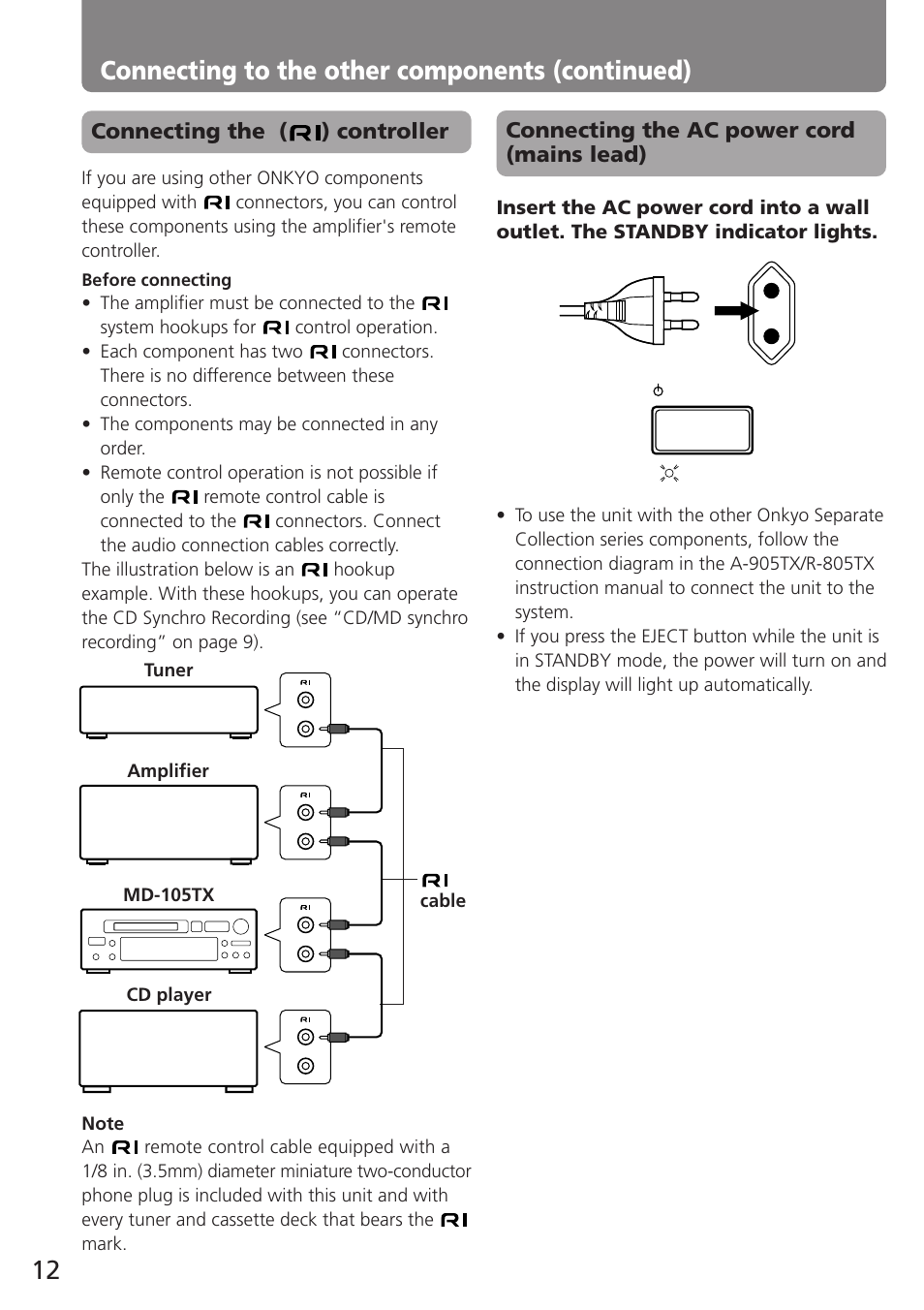 12 connecting to the other components (continued) | Onkyo MD-105TX User Manual | Page 12 / 52