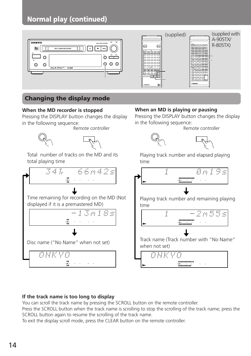 Normal play (continued), Changing the display mode, Supplied) | Remote controller, Display | Onkyo MD-105TX User Manual | Page 14 / 52