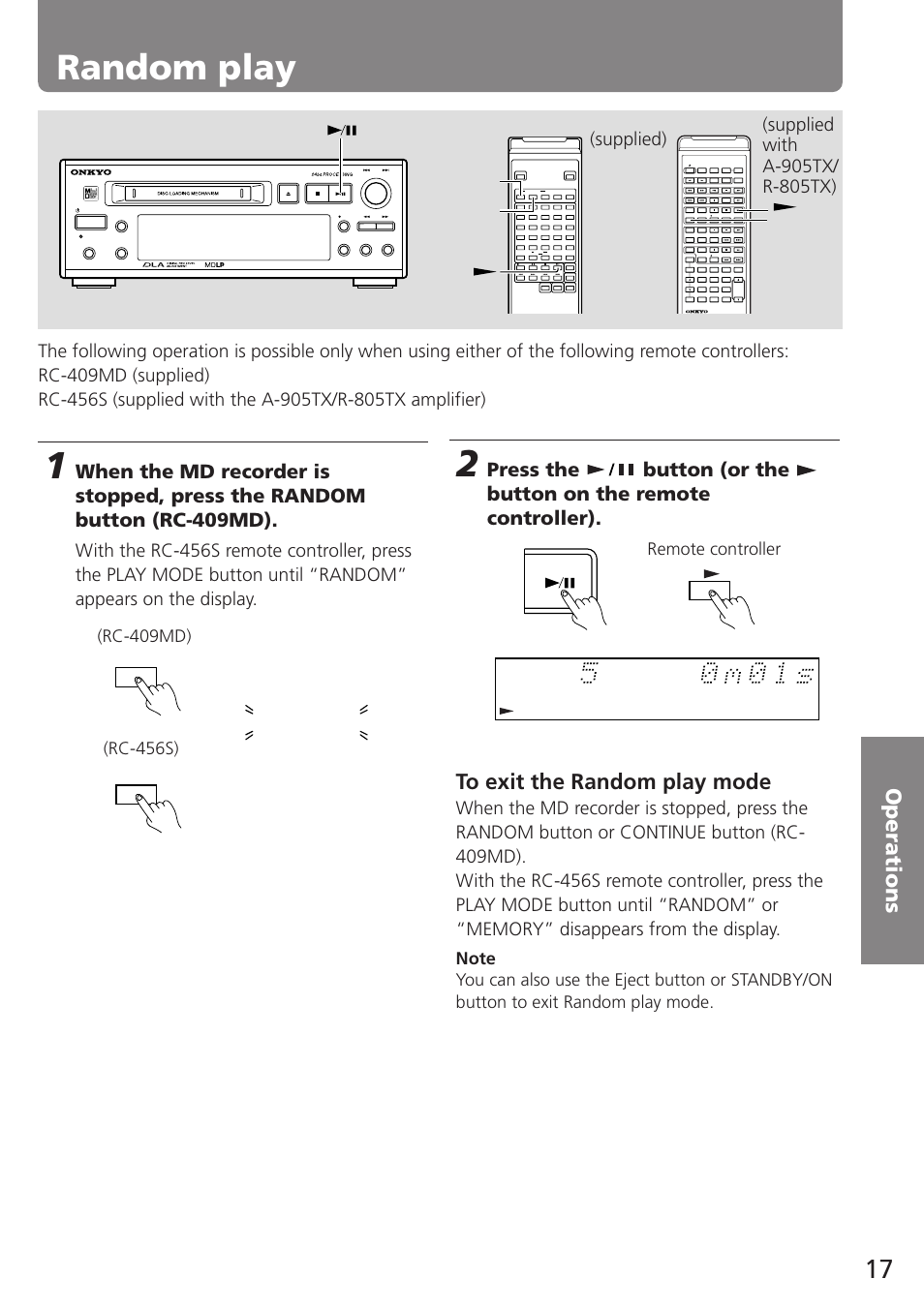 Random play, Random, Remote controller | Play mode | Onkyo MD-105TX User Manual | Page 17 / 52