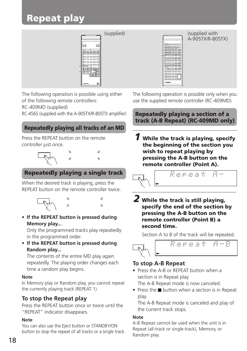 Repeat play, Repeatedly playing all tracks of an md, Repeatedly playing a single track | Repeat repeat 1, Repeat | Onkyo MD-105TX User Manual | Page 18 / 52