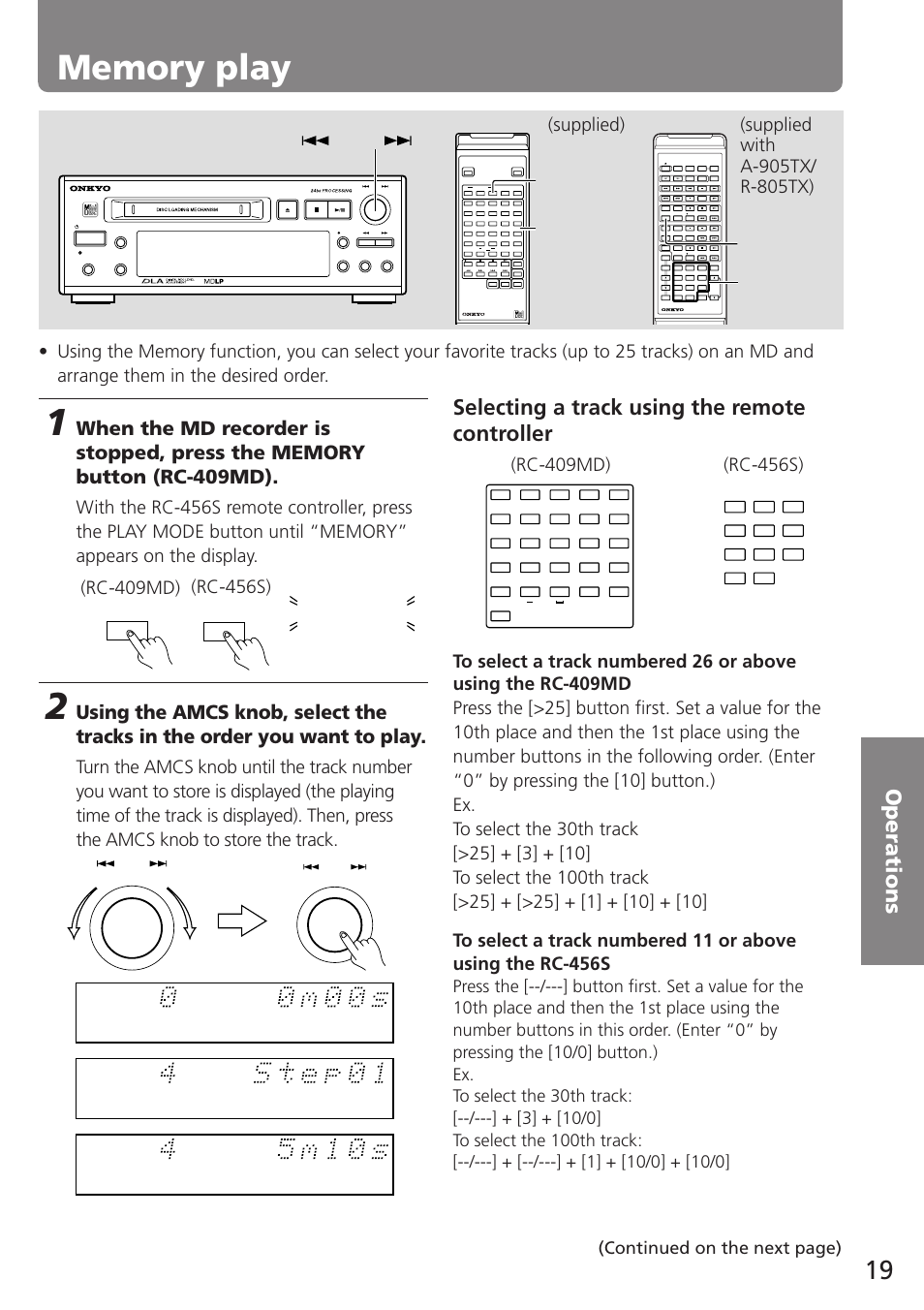 Selecting a track using the remote controller, Continued on the next page), Number button | Play mode, Amcs | Onkyo MD-105TX User Manual | Page 19 / 52