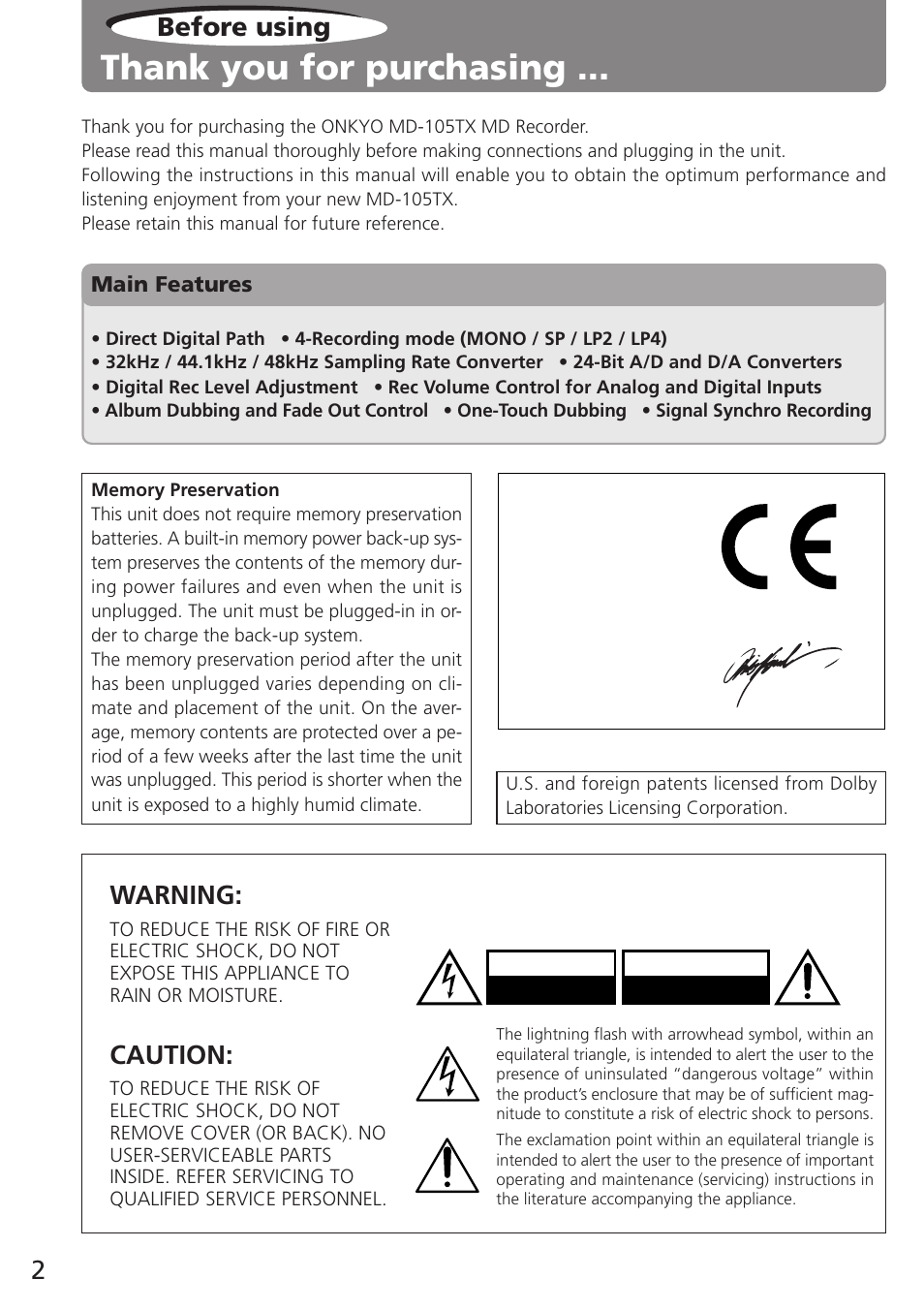 Before using, Warning, Caution | Onkyo MD-105TX User Manual | Page 2 / 52