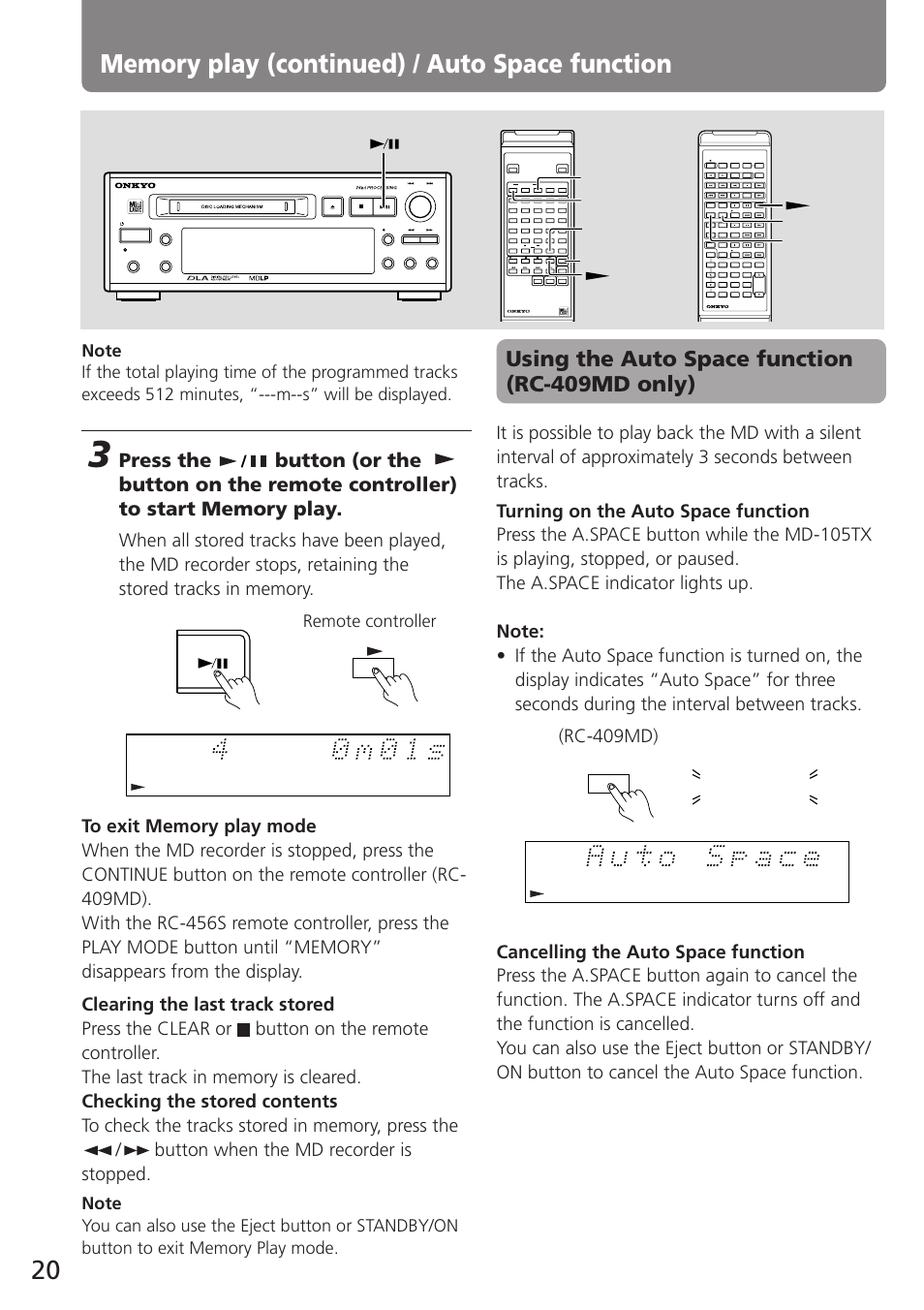 Using the auto space function (rc-409md only), A.space, Rc-409md) | A.spece | Onkyo MD-105TX User Manual | Page 20 / 52