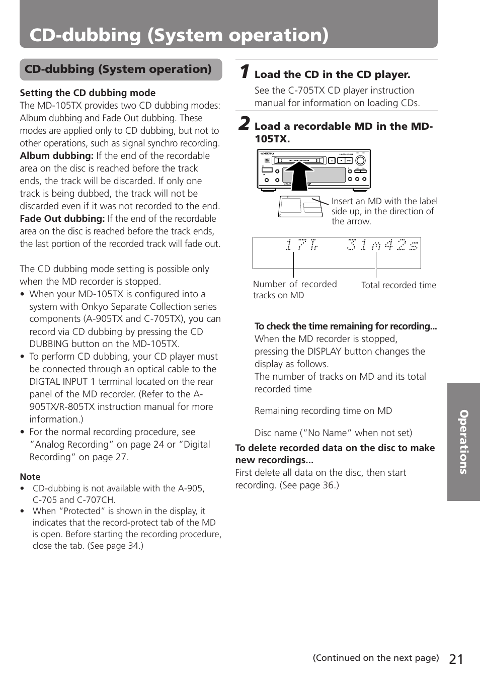 Cd-dubbing (system operation), Load the cd in the cd player, Load a recordable md in the md- 105tx | Onkyo MD-105TX User Manual | Page 21 / 52