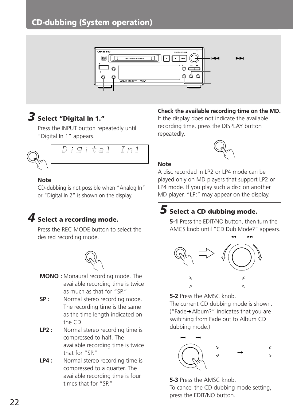 22 cd-dubbing (system operation), Cd dub mode? fade album, Select a recording mode | Select a cd dubbing mode, Select “digital in 1 | Onkyo MD-105TX User Manual | Page 22 / 52