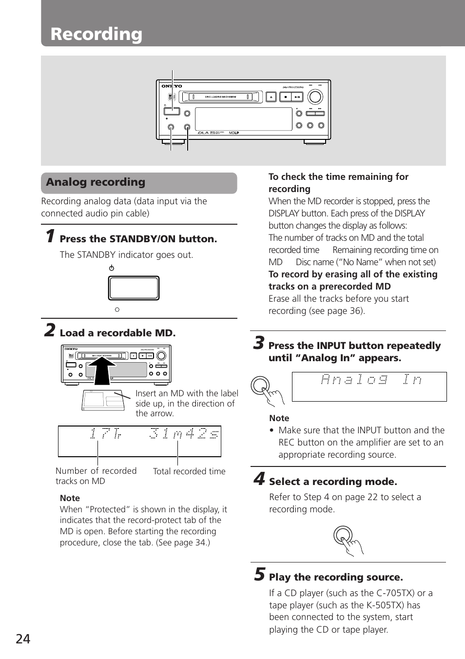 Recording, Analog recording, Press the standby/on button | Load a recordable md, Select a recording mode, Play the recording source, The standby indicator goes out | Onkyo MD-105TX User Manual | Page 24 / 52