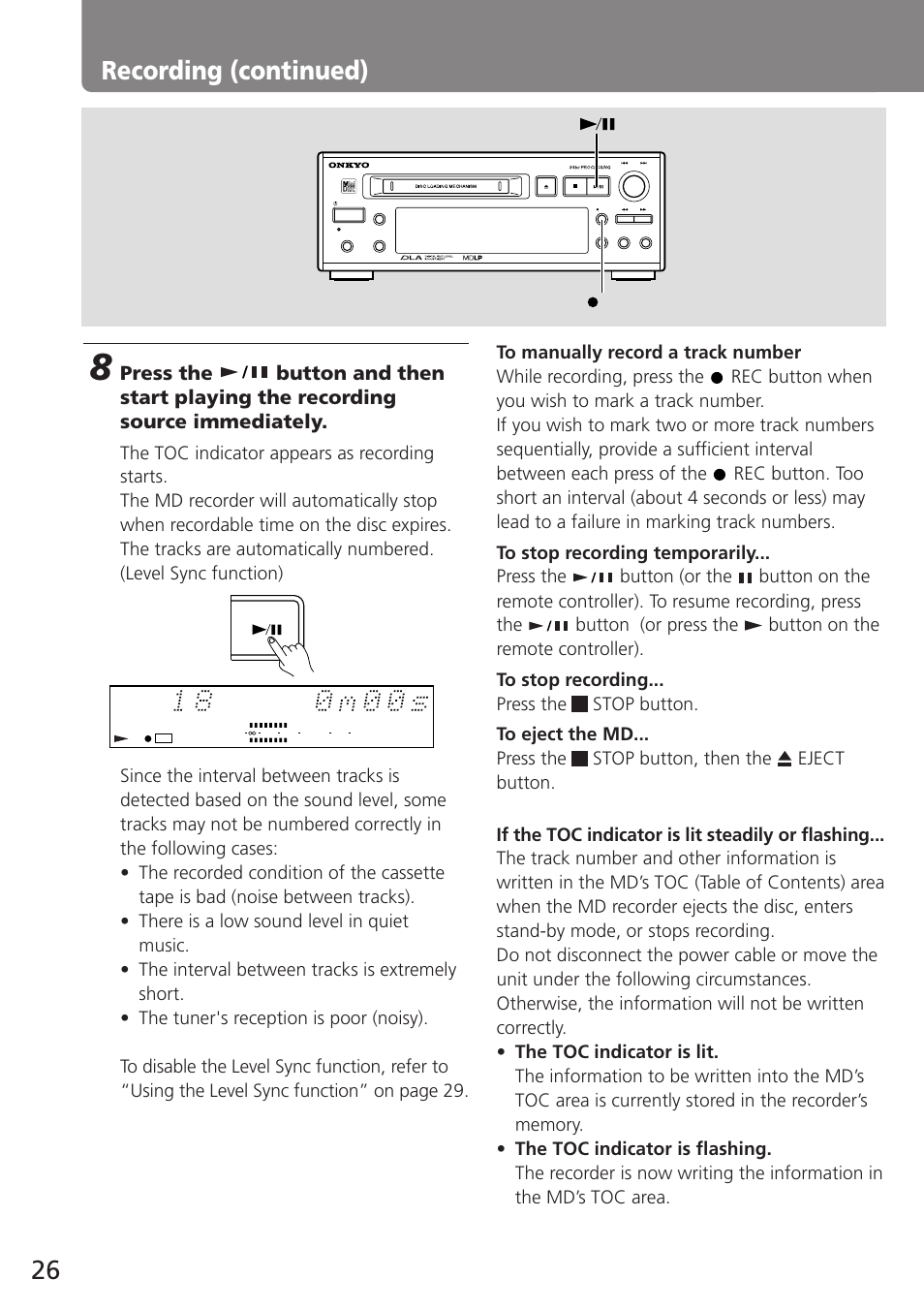 Recording (continued) | Onkyo MD-105TX User Manual | Page 26 / 52