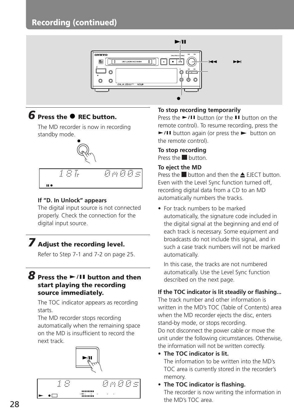 28 recording (continued), Press the rec button, Adjust the recording level | The md recorder is now in recording standby mode | Onkyo MD-105TX User Manual | Page 28 / 52