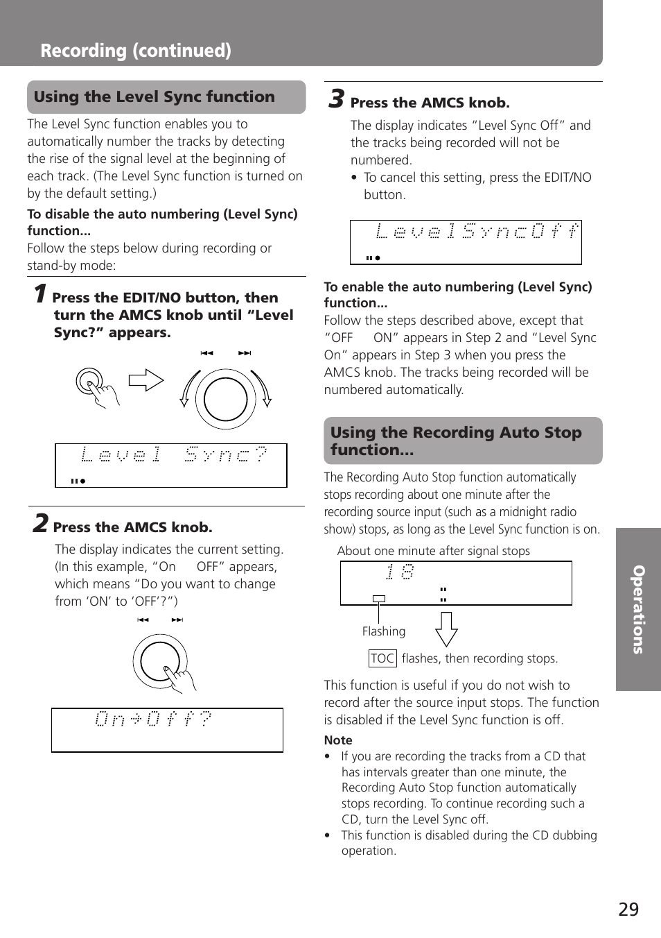 Recording (continued), Using the level sync function, Using the recording auto stop function | Onkyo MD-105TX User Manual | Page 29 / 52