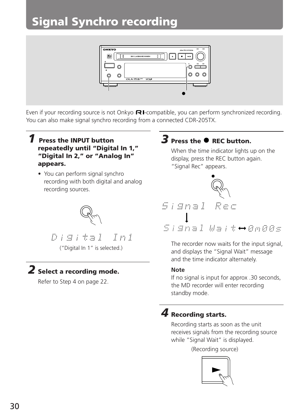 Signal synchro recording, Select a recording mode, Press the rec button | Recording starts, Refer to step 4 on page 22 | Onkyo MD-105TX User Manual | Page 30 / 52