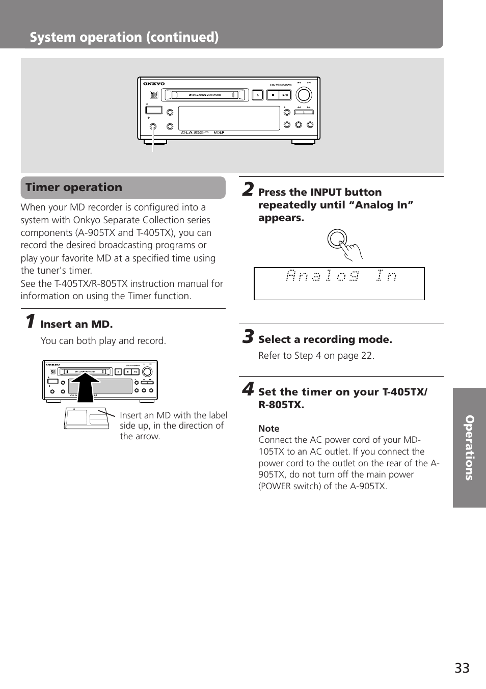 System operation (continued), Insert an md, Select a recording mode | You can both play and record, Refer to step 4 on page 22, Input | Onkyo MD-105TX User Manual | Page 33 / 52