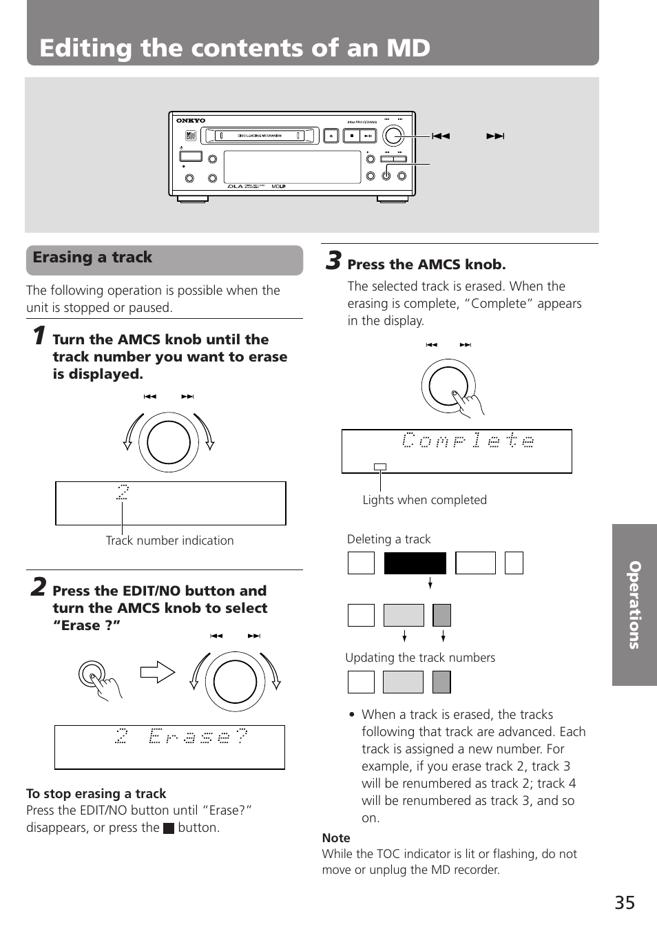 Editing the contents of an md, Erasing a track, Press the amcs knob | Onkyo MD-105TX User Manual | Page 35 / 52