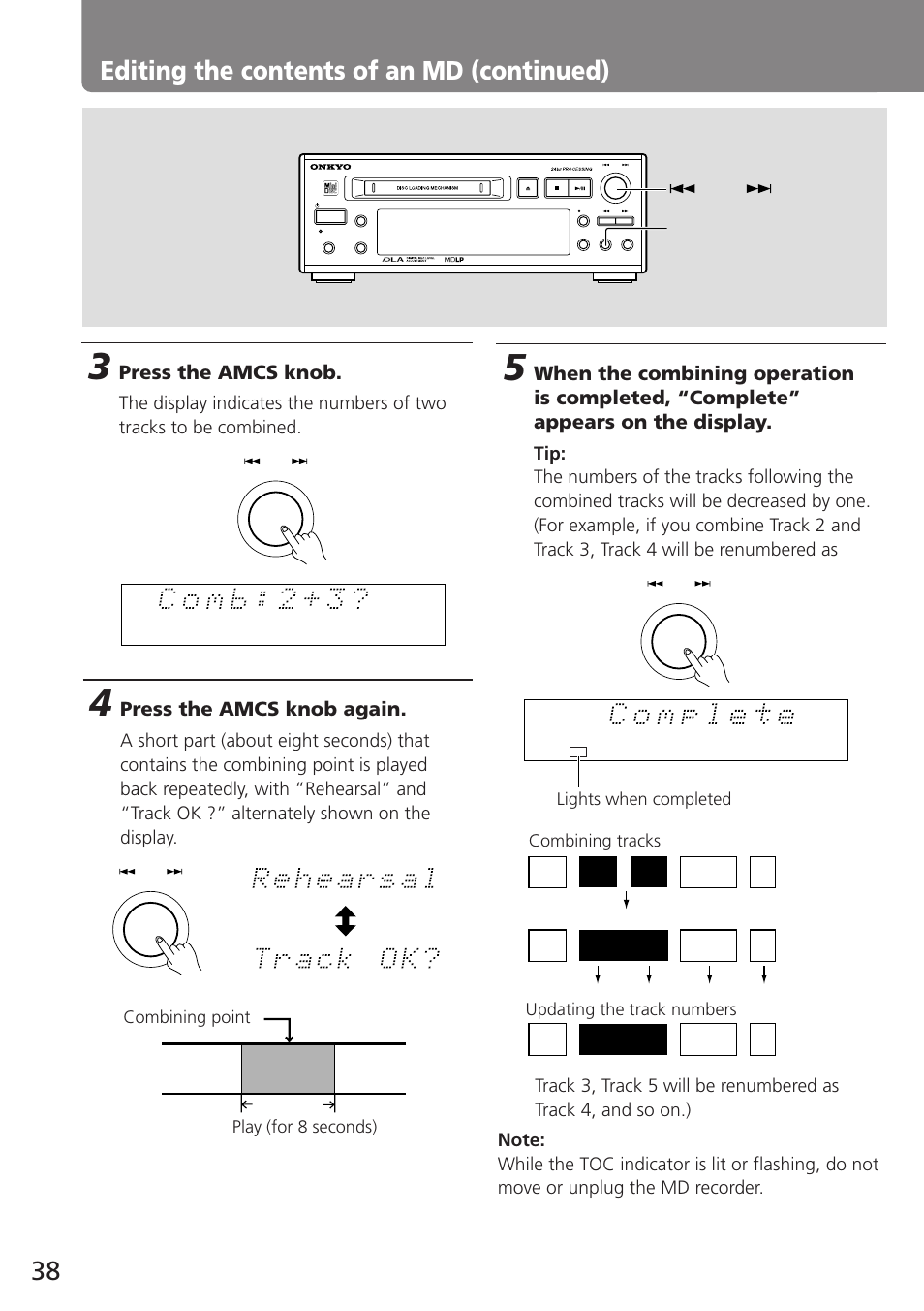 38 editing the contents of an md (continued), Press the amcs knob, Press the amcs knob again | Onkyo MD-105TX User Manual | Page 38 / 52