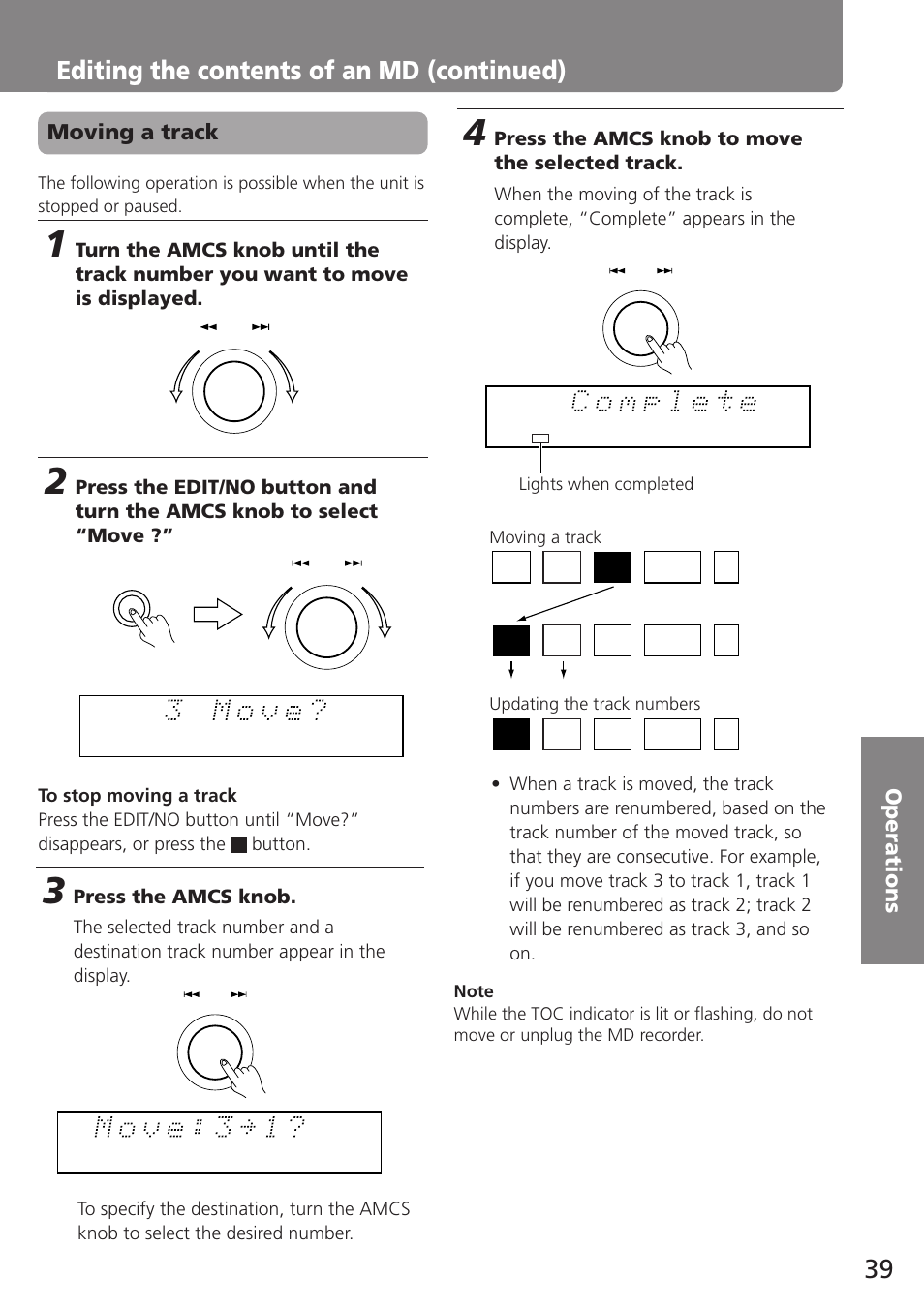 Editing the contents of an md (continued) | Onkyo MD-105TX User Manual | Page 39 / 52