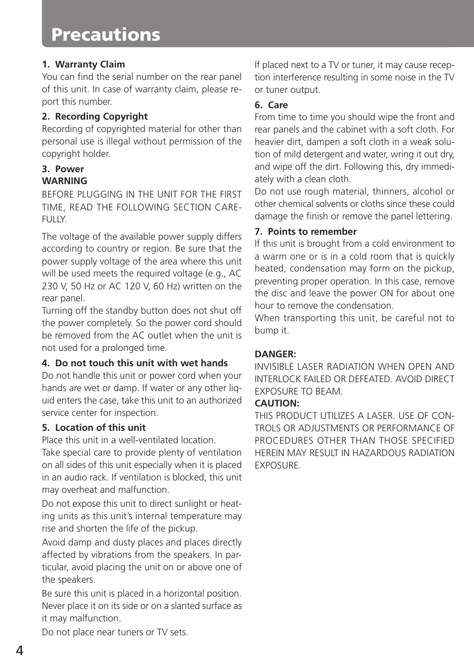 Precautions | Onkyo MD-105TX User Manual | Page 4 / 52